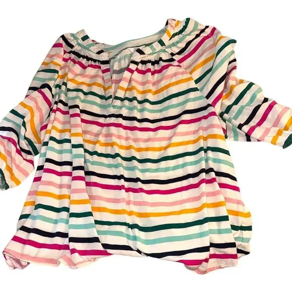 Crown & Ivy 4X Striped Peasant Blouse MulticolorRuffle Neck 3/4 Sleeve Plus boho - Picture 1 of 4